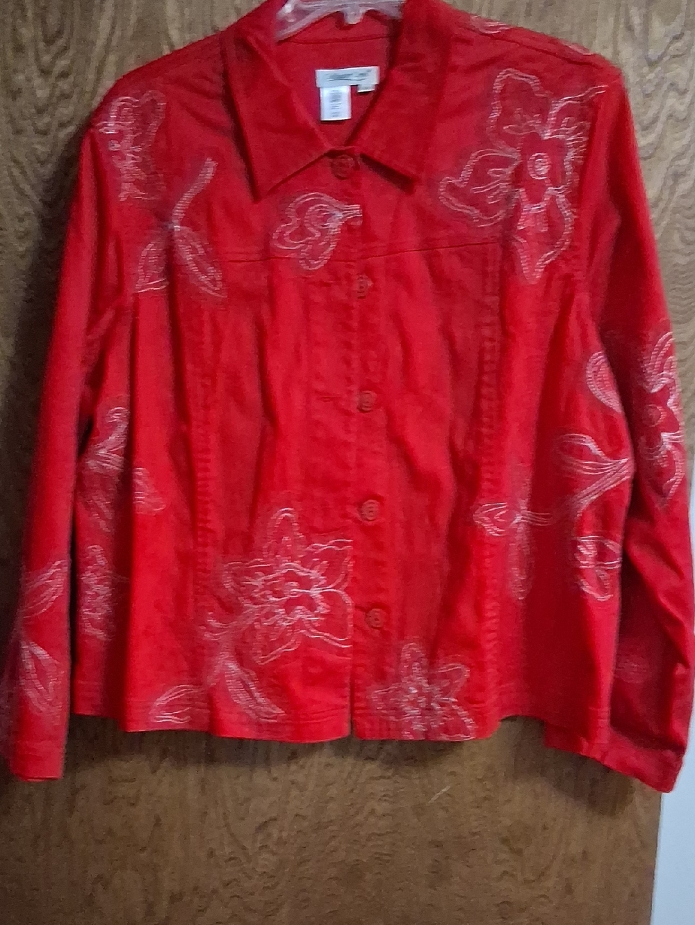 Coldwater Creek Red Button-Down Shirt Jacket with White Floral Embroidery